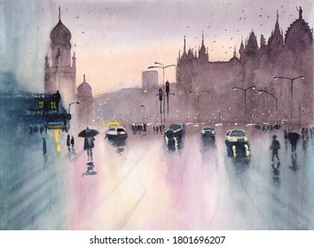 Watercolor Picture Of Rainy Cityscape Of Mumbai With Cars And Pedestrians