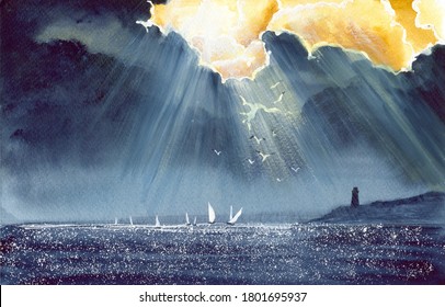 Watercolor Picture Of A Sailing Boats And Lighthouse After Storm With Dark Stormy Skies And Rays Of Light
