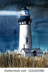 Watercolor picture of the Yaquina Head Lighthouse in the field of the tall yellow grass under the starry sky