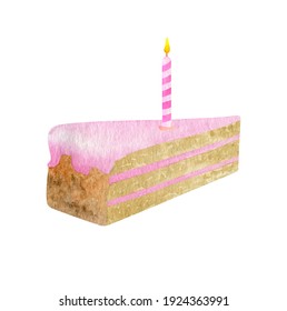 Watercolor piece of Birthday cake with 1 candle. Hand drawn cute biscuit cake slice with pink glaze. Dessert ilustration isolated on white background. Baby girl Birthday celebration cake for cards