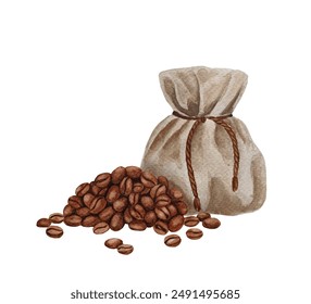 Watercolor pile of brown roasted coffee beans in bag spill on white background. Fresh and raw coffee beans in a rustic jute sack. - Powered by Shutterstock