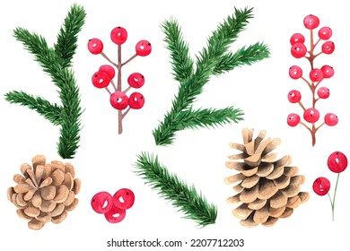 Watercolor Pine Branches And Cones Isolated On White Background. Christmas Decorations Clipart. Floral Set For Scrapbooking, Greeting Cards, Invitations. Red Berries 