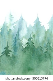 Watercolor pine forest background, green trees illustration