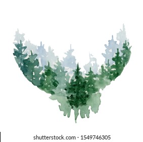 Watercolor Pine Trees Hand Drawn Illustration Isolated On White Background