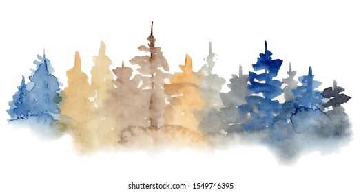 Watercolor pine trees hand drawn illustration isolated on white background