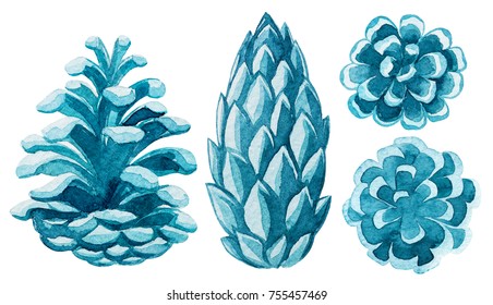 Watercolor Pinecone. Christmas Illustrations.