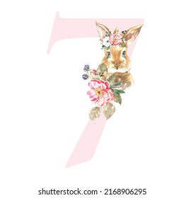 Watercolor Pink Animals Floral Number - digit 7 with cute watercolor bunny animal. Floral number element for baby shower, it's a girl, it's a boy, birthday, table number, digital invite, wedding