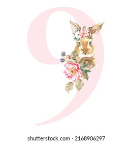 Watercolor Pink Animals Floral Number - digit 9 with cute watercolor bunny animal. Floral number element for baby shower, it's a girl, it's a boy, birthday, table number, digital invite, wedding
