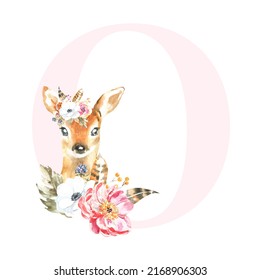 Watercolor Pink Animals Floral Number - digit 0 with cute watercolor bunny animal. Floral number element for baby shower, it's a girl, it's a boy, birthday, table number, digital invite, wedding