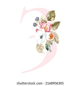 Watercolor Pink Animals Floral Number - digit 3 with cute watercolor bunny animal. Floral number element for baby shower, it's a girl, it's a boy, birthday, table number, digital invite, wedding