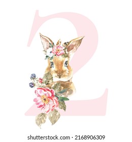 Watercolor Pink Animals Floral Number - digit 2 with cute watercolor bunny animal. Floral number element for baby shower, it's a girl, it's a boy, birthday, table number, digital invite, wedding - Powered by Shutterstock