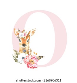 Watercolor Pink Animals Floral Number - digit 0 with cute watercolor bunny animal. Floral number element for baby shower, it's a girl, it's a boy, birthday, table number, digital invite, wedding