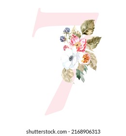 Watercolor Pink Animals Floral Number - digit 7 with cute watercolor bunny animal. Floral number element for baby shower, it's a girl, it's a boy, birthday, table number, digital invite, wedding