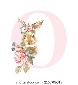 Watercolor Pink Animals Floral Number - digit 3 with cute watercolor bunny animal. Floral number element for baby shower, it's a girl, it's a boy, birthday, table number, digital invite, wedding