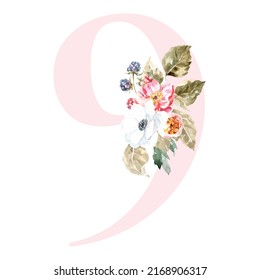 Watercolor Pink Animals Floral Number - digit 9 with cute watercolor bunny animal. Floral number element for baby shower, it's a girl, it's a boy, birthday, table number, digital invite, wedding