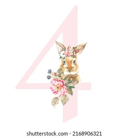 Watercolor Pink Animals Floral Number - digit 4 with cute watercolor bunny animal. Floral number element for baby shower, it's a girl, it's a boy, birthday, table number, digital invite, wedding