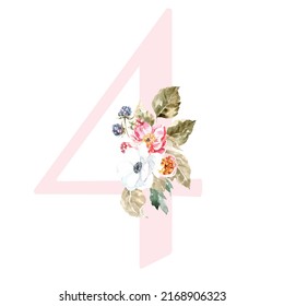 Watercolor Pink Animals Floral Number - digit 4 with cute watercolor bunny animal. Floral number element for baby shower, it's a girl, it's a boy, birthday, table number, digital invite, wedding