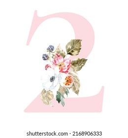 Watercolor Pink Animals Floral Number - digit 2 with cute watercolor bunny animal. Floral number element for baby shower, it's a girl, it's a boy, birthday, table number, digital invite, wedding