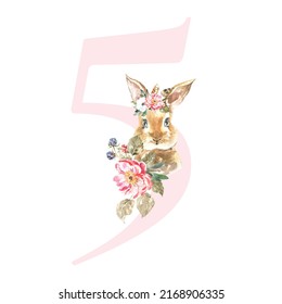 Watercolor Pink Animals Floral Number - digit 5 with cute watercolor bunny animal. Floral number element for baby shower, it's a girl, it's a boy, birthday, table number, digital invite, wedding