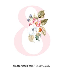 Watercolor Pink Animals Floral Number - digit 8 with cute watercolor bunny animal. Floral number element for baby shower, it's a girl, it's a boy, birthday, table number, digital invite, wedding