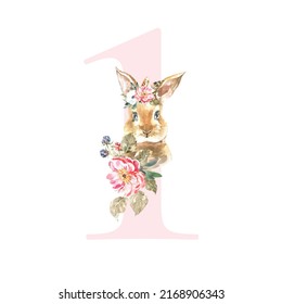 Watercolor Pink Animals Floral Number - digit 1 with cute watercolor bunny animal. Floral number element for baby shower, it's a girl, it's a boy, birthday, table number, digital invite, wedding