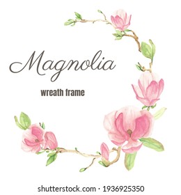 watercolor pink blooming magnolia flower and branch wreath frame