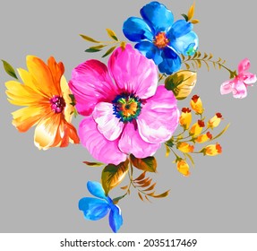 Watercolor Pink And Blue Flowers With Grey Background For Textile Design