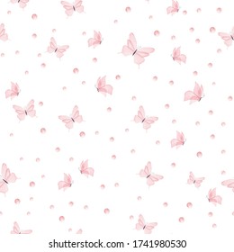 Watercolor pink butterflies seamless pattern on white background. Digital paper for fabric textile and nursery room.