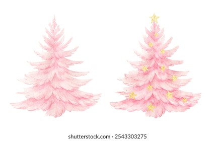 Watercolor pink Christmas tree with golden stars isolated on white background. A delicate and charming hand drawn illustration. Perfect for festive holiday designs and celebrations.  - Powered by Shutterstock