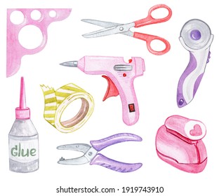 Watercolor Pink Craft Tools Set Isolated On White Background. Scrapbook Supplies Illustrations