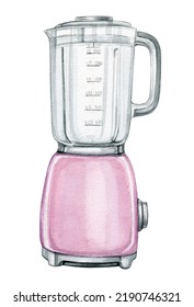 Watercolor Pink Electric Blender Isolated On White Background. Electric Vintage Style Food Mixer, An Icon Of A Food Processor, Kitchen Gadget, Realistic Hand-drawn Illustration