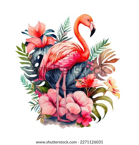 Watercolor pink flamingo with flowers isolated on white background