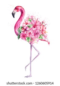 Watercolor pink Flamingo with tropical flowers on white background. Pink hibiscus flowers.