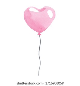 Watercolor Pink Heart Balloon With String Isolated On White Background