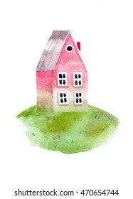 Watercolor Pink House On An Green Lawn