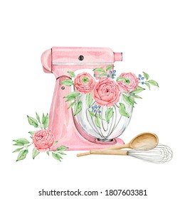 Watercolor pink mixer for creating diy bakery logo. High quality hand painted illustration - Powered by Shutterstock