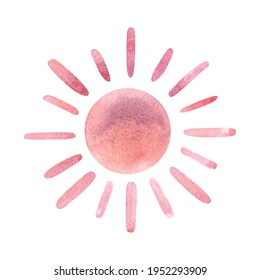 Watercolor Pink Pastel Sun Isolated On White Background. Poster For Baby Nursery Room.