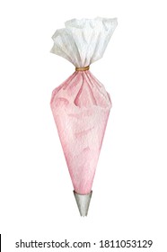 Watercolor pink pastry bag for bakery projects. Hand painted illustration of baking kitchen utensils