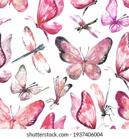 Watercolor Pink Pattern Of Butterfly