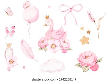 Watercolor Pink Princess Swan Crown Peony Isolated Clipart Bow Feather Mirror Cloud Star