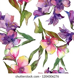 Watercolor pink and purple alstroemeria flower. Floral botanical flower.Seamless background pattern. Fabric wallpaper print texture. Aquarelle wildflower for background, texture, wrapper pattern.