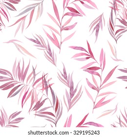 Watercolor pink and purple palm tree branches pattern. Seamless texture with hand painted leaves isolated on white background