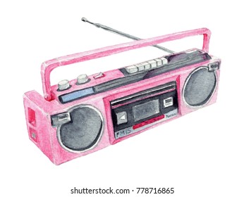Watercolor Pink Retro Boombox Iillustration. Watercolor hand drawn vibrant retro boombox playing music from 1980's.
