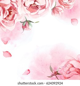 watercolor pink, rose, and red peonies on rose background for greetings card