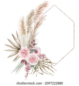 Watercolor Pink Roses And Pampas Grass Tropical Crystal Frame, Pink Glitter Boho Polygonal Frame, Hand Painted Tropical Illustration, Pastel Floral Wreath For Wedding Design, Greetings, Birthday Card