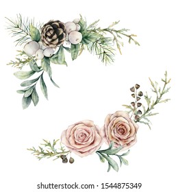 Watercolor pink roses and pine cone composition. Hand painted floral vintage flowers, seeds and snowberries isolated on white background. Botanical illustration for design, print or background - Powered by Shutterstock