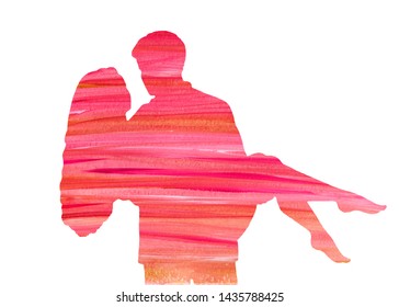 Watercolor Pink Silhouette Man Carrying Woman Stock Illustration ...