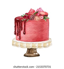 Watercolor Pink Strawberry Cake. Valentines Day Dessert Sweets. Wedding Cake Decorating By Berries And With Sweets