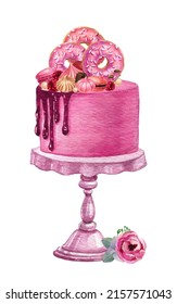 Watercolor Pink Strawberry Cake. Valentine's Day Dessert Sweets. Wedding Cake Decorating By Donuts And Berries