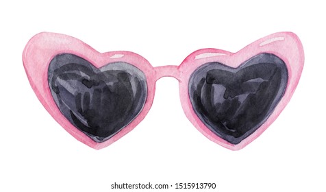 Watercolor Pink Sunglasses Heart Shaped Isolated On White Background